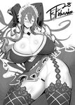  1girl breasts cation censored cleavage granblue_fantasy huge_breasts long_hair looking_at_viewer monochrome necklace pussy rosetta_(granblue_fantasy) seductive_smile smile solo text thick_thighs thighhighs thighs 