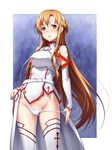  1girl asuna_(sao) bare_shoulders blush braid breasts brown_eyes brown_hair elbow_gloves floating_hair highres kotobuki_hajime legs long_hair looking_at_viewer mound_of_venus panties panty_pull parted_lips plate_armor simple_background solo standing sword_art_online thighhighs thighs underwear undressing white_panties 