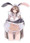  :&lt; animal_ears ass_visible_through_thighs bow bow_panties brown_eyes brown_hair bunny_ears commentary_request dress dress_lift gloves hair_between_eyes highres long_hair looking_at_viewer maid_headdress navel panties panties_day shigi_0 simple_background solo underwear white_background white_panties 