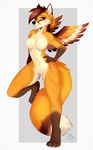  4_toes 5_fingers anthro black_nose breasts brown_hair canine chesta digitigrade feathered_wings feathers featureless_breasts featureless_crotch female fluffy fluffy_tail fox green_eyes hair mammal nude smile solo standing toes wide_hips wings 