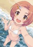  :d bikini brown_hair flat_chest from_above hair_ornament hairclip idolmaster idolmaster_cinderella_girls looking_at_viewer navel open_mouth perspective reaching_out ryuuzaki_kaoru self_shot short_hair side-tie_bikini smile solo standing swimsuit terumii wading water waves waving white_bikini yellow_eyes 