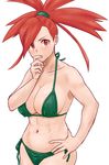  abs asuna_(pokemon) bikini breasts covered_nipples finger_to_mouth gym_leader hand_on_hip hand_on_own_chin large_breasts long_hair looking_at_viewer muscle nakaba navel pokemon pokemon_(game) pokemon_rse ponytail red_eyes red_hair side-tie_bikini side-tie_bottom simple_background solo stomach swimsuit white_background 