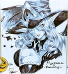  bibiko blue breasts cleavage detached_collar from_above hat highres large_breasts league_of_legends lips long_hair monochrome moon morgana parted_lips pointy_ears shikishi slit_pupils solo traditional_media witch_hat 