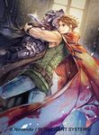  armor brown_eyes brown_hair cape company_connection copyright_name fire_emblem fire_emblem:_rekka_no_ken fire_emblem_cipher helmet holding holding_knife itou_misei knife knife_to_throat male_focus matthew multiple_boys official_art polearm restrained smile spear weapon 