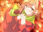  aki_shizuha autumn_leaves blonde_hair blush from_above gradient_dress green_scarf hair_between_eyes hair_ornament hands_together head_tilt hemogurobin_a1c leaf leaf_background leaf_hair_ornament leaf_print light_smile looking_at_viewer maple_leaf red_eyes scarf short_hair solo touhou yellow_eyes 