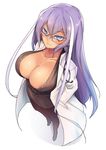  black_legwear blue_eyes breasts cleavage glasses hands_in_pockets isabelle_(shadowverse) labcoat large_breasts long_hair looking_at_viewer pantyhose pencil_skirt purple_hair shadowverse simple_background skirt smile solo waero white_background 