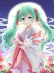  absurdres ahoge alternate_hairstyle bad_id bad_pixiv_id blue_eyes bunny chinese_clothes chuor_(chuochuoi) chuushuu_meigetsu_miku flower green_hair hair_flower hair_ornament hanfu hatsune_miku highres holding jewelry long_hair long_sleeves moon off_shoulder outdoors petals red_flower ring sash see-through shawl solo twintails vocaloid wide_sleeves 
