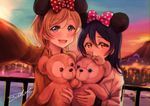  :d ayase_eli bangs blonde_hair blue_eyes blue_hair blush bow brown_eyes chromatic_aberration covering_mouth disneyland hair_between_eyes hair_bow holding holding_stuffed_animal long_hair long_sleeves looking_at_viewer love_live! love_live!_school_idol_project mickey_mouse_ears multiple_girls open_mouth polka_dot polka_dot_bow ponytail reaching_out self_shot signature smile sonoda_umi stuffed_animal stuffed_toy suito teddy_bear upper_body 