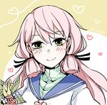  akashi_(kantai_collection) blush bouquet close-up closed_mouth flower green_eyes hair_ornament hair_ribbon heart kantai_collection kikuichi_monji long_hair looking_at_viewer pink_hair portrait ribbon school_uniform serafuku smile solo tress_ribbon 