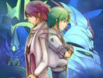  2boys back-to-back crossed_arms cybuster gloves granzon green_hair male_focus masaki_andoh mecha multiple_boys necklace neo_granzon purple_hair short_sleeves shuu_shirakawa star_(sky) super_robot_wars super_robot_wars_the_lord_of_elemental 