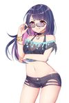  absurdres bad_id bad_pixiv_id black_bra black_hair black_shorts bra bracelet breasts chuor_(chuochuoi) cleavage collarbone crop_top glasses grin groin highres jewelry long_hair medium_breasts midriff multicolored_hair navel original pink_hair purple_eyes see-through short_shorts shorts simple_background smile solo sunglasses two-tone_hair underwear white_background 