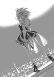  2016 arm_at_side backless_dress backless_outfit blurry braid cityscape dated depth_of_field detached_sleeves dress dutch_angle from_behind full_moon greyscale hair_ribbon hand_on_forehead high_heels highres izayoi_sakuya knife looking_at_viewer maid maid_headdress monochrome moon pocket_watch pose puffy_short_sleeves puffy_sleeves ribbon short_dress short_hair short_sleeves solo strappy_heels thigh_strap thighs touhou tress_ribbon tsurime twin_braids watch weapon wys_1981 