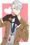  :&gt; blue_eyes blue_neckwear brown_gloves coat gloves grey_hair hair_over_one_eye heart heart_hands highres id_card lanyard male_focus natsuko_(bluecandy) necktie open_clothes open_coat pink_background simple_background solo upper_body viktor_nikiforov yuri!!!_on_ice 