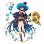  1girl belt black_cape black_hair blue_hair cape kyara36 long_hair looking_at_viewer multicolored_hair original short_cape solo staff sunflower witch witch_hat 