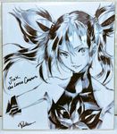  bare_shoulders bibiko blue collarbone elbow_gloves gloves halterneck highres jinx_(league_of_legends) league_of_legends lips long_hair looking_to_the_side monochrome shikishi smile solo traditional_media twintails 