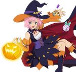  bare_shoulders candy cape detached_sleeves dress estellise_sidos_heurassein food green_eyes halloween_costume hat jack-o'-lantern open_mouth pink_hair repede shoes short_hair solo tales_of_(series) tales_of_vesperia transparent_background witch_hat 