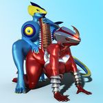  3d_(artwork) android anthro blue_skin clothing cyber_dragon dickgirl digital_media_(artwork) dragon female footwear high_heels idsaybucketsofart intersex latex_skin leviathan-29 machine red_skin reptile robot salamander-14 scalie shoes 