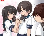  ? arms_at_sides braid braid_wagging brown_eyes brown_hair dated dd_(ijigendd) eyebrows eyebrows_visible_through_hair hair_between_eyes isonami_(kantai_collection) kantai_collection leaning_forward looking_at_another looking_at_viewer multiple_girls open_mouth sailor_collar school_uniform shikinami_(kantai_collection) short_sleeves single_braid skirt skirt_set spoken_question_mark translated twintails upper_body uranami_(kantai_collection) 