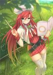  aty_(summon_night) belt beret blue_eyes book book_stack boots glasses hat holding holding_book long_hair looking_at_viewer red_hair red_sweater ryouku smile solo summon_night summon_night_3 sweater thigh_boots thighhighs white_footwear white_legwear zettai_ryouiki 