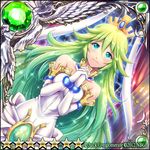  1girl aika_(guilty_dragon) angel bare_shoulders blue_eyes choker closed_mouth crown dress dutch_angle elbow_gloves frown gem gloves green_hair guilty_dragon hands_clasped kazura_enji long_hair looking_at_viewer own_hands_together solo star star-shaped_pupils symbol-shaped_pupils white_dress white_gloves wings 