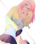  blonde_hair blue_eyes braid cardigan couple glasses highres hug long_hair looking_at_viewer mery_(apfl0515) multiple_girls original pink_hair purple_eyes skirt sleeves_past_wrists sweater yuri 