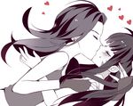  atobesakunolove blush casual closed_eyes couple d.va_(overwatch) earrings facing_another fingerless_gloves gloves heart hug jewelry kiss long_hair monochrome multiple_girls overwatch profile simple_background sombra_(overwatch) spot_color stud_earrings upper_body white_background yuri 
