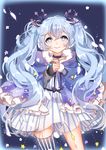  absurdres asymmetrical_legwear bad_id bad_pixiv_id black_footwear blue_eyes blue_hair boots bow bridal_gauntlets chuor_(chuochuoi) collarbone fuyu_no_yoru_miku hair_between_eyes hair_bow hair_ornament hatsune_miku highres long_hair looking_at_viewer smile solo star_night_snow_(vocaloid) striped striped_legwear thighhighs twintails vocaloid yuki_miku 