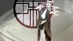  ahoge blue_eyes chinese_clothes closed_mouth clothes_grab coat eyelashes feet_out_of_frame flower frown hair_between_eyes hair_over_shoulder hair_tubes highres holding kamui_gakupo long_hair long_sleeves looking_away low-tied_long_hair male_focus mioky ponytail profile purple_hair round_window sash scroll seigaiha sleeves_past_wrists smoke solo standing vocaloid wide_sleeves 