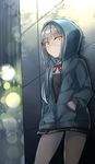  bangs blunt_bangs blurry bokeh comah depth_of_field dress eyebrows eyebrows_visible_through_hair glowing glowing_eyes hands_in_pockets hood hooded_jacket hoodie jacket kantai_collection kasumi_(kantai_collection) long_hair looking_at_viewer pinafore_dress rain remodel_(kantai_collection) silver_hair solo yellow_eyes 