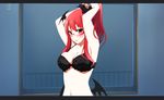  adjusting_hair armpits arms_up bat_wings bespectacled black_bra blush bra breasts commentary glasses head_wings koakuma large_breasts looking_at_viewer low_wings navel pointy_ears red-framed_eyewear red_eyes red_hair solo touhou underwear upper_body wall window wings yumi_(careca398) 