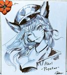  ahri animal_ears bibiko blue breasts cleavage hat heart highres jewelry league_of_legends lips long_hair medium_breasts microphone monochrome necklace one_eye_closed salute shikishi slit_pupils smile solo traditional_media 