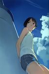  absurdres arm_behind_back black_eyes black_hair cloud cutoff_jeans cutoffs day denim denim_shorts highres short_hair shorts sky smile solo takamichi 