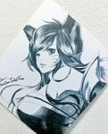  ahri animal_ears bare_shoulders bibiko black_hair elbow_gloves facial_mark gloves highres korean_clothes league_of_legends looking_at_viewer looking_back photo shikishi solo 