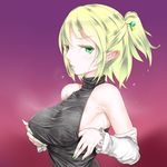  adjusting_clothes alternate_hairstyle arm_warmers bare_shoulders blonde_hair breasts detached_sleeves green_eyes green_nails hair_ornament hairpin highres kuranosuke large_breasts lips looking_at_viewer mizuhashi_parsee nail_polish pointy_ears sideboob sleeveless sleeveless_turtleneck solo touhou turtleneck wet wet_clothes 
