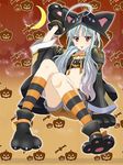  ahoge aliasse animal_costume animal_hood animal_print bat_print cat_hood coat crescent_moon gloves halloween hood jack-o'-lantern_print kimura_shigetaka knees_together_feet_apart long_hair looking_at_viewer midriff moon navel official_art paw_gloves paw_shoes paws red_eyes senjou_no_valkyria senjou_no_valkyria_2 shoes shorts silver_hair sitting solo striped striped_legwear tongue tongue_out 