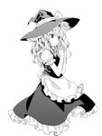  ama-tou apron bow braid dress eyelashes fingernails frills from_side greyscale hair_ribbon hands_clasped hat hat_bow highres jpeg_artifacts kirisame_marisa long_hair looking_away monochrome own_hands_together puffy_sleeves ribbon short_sleeves simple_background solo touhou waist_apron wavy_hair white_background witch_hat 