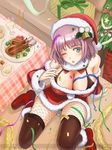  bare_shoulders bell blue_eyes blush_stickers boots box breasts christmas christmas_tree clarissa_callaghan cleavage confetti couch cup drinking_glass fishnet_pantyhose fishnets food fur_trim gift gift_box hat large_breasts looking_at_viewer official_art one_eye_closed open_mouth pantyhose pink_hair santa_costume santa_hat senjou_no_valkyria senjou_no_valkyria_3 short_hair solo tea_(nakenashi) tears thighhighs turkey_(food) wine_glass 