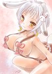 2016 :3 animal_ears blush breasts bunny_ears bunny_hair_ornament bunny_tail chengshu collarbone crescent crescent_earrings dated earrings flower_knight_girl hair_ornament jewelry large_breasts naked_suspenders revealing_clothes short_hair signature smile solo suspenders tail usagi_no_ou_(flower_knight_girl) white_hair yellow_eyes 