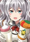  :d blue_eyes bottle cameo commentary crossover curly_hair epaulettes gloves highres holding kamelie kantai_collection kashima_(kantai_collection) looking_at_viewer milk_bottle okaasan_to_issho open_mouth pacifier silver_hair smile solo spoo twintails white_gloves 