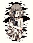  arm_wrap bandaged_arm bandages bandaid_on_cheek bangs bare_shoulders blush cable closed_mouth commentary crisalys cyborg highres holding_arm original short_eyebrows short_hair solo upper_body 