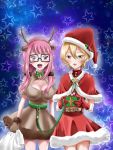  2girls animal_costume animal_ears antlers bell bell_collar blonde_hair blush breasts christmas christmas_present cleavage collar dress glasses hat highres large_breasts leash looking_at_viewer mahou_shoujo_site multiple_girls open_mouth pink_eyes pink_hair reindeer_antlers reindeer_costume reindeer_ears sack santa_costume santa_hat shiny shiny_clothes shiny_hair shiny_skin shioi_rina short_hair star starry_background twintails user_ctnn8475 yatsumura_tsuyuno yellow_eyes 