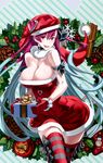  apple bare_shoulders blush box breasts candy candy_cane cleavage cowboy_shot food fruit fur_trim gift gift_box gloves hat heart highres holly honjou_raita large_breasts long_hair multicolored_hair official_art open_mouth pinecone pink_hair red_eyes ribbon riela_marcellis santa_costume santa_hat senjou_no_valkyria senjou_no_valkyria_3 silver_hair smile snowman solo striped striped_legwear thighhighs very_long_hair wide_hips wreath 