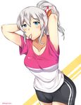  absurdres adjusting_hair alternate_costume alternate_hairstyle armpit_peek arms_behind_head bike_shorts blue_eyes casual collarbone commentary contemporary highres kantai_collection kashima_(kantai_collection) mouth_hold ponytail revision shirt silver_hair solo t-shirt tying_hair wangphing 