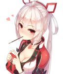  ahoge blush breasts choker cleavage food heart innocent_cluster long_hair looking_at_viewer matoi_(pso2) medium_breasts mouth_hold munuu phantasy_star phantasy_star_online_2 pocky red_eyes simple_background solo white_background white_hair 