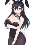  ahoge animal_ears arm_support bare_shoulders between_legs black_hair blush breasts brown_eyes bunny_ears bunny_tail bunnysuit coffeedog collarbone commentary detached_collar eyebrows eyebrows_visible_through_hair hair_between_eyes hand_between_legs kantai_collection large_breasts long_hair looking_at_viewer open_mouth pantyhose simple_background solo tail ushio_(kantai_collection) white_background wrist_cuffs 