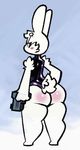  anthro big_butt blush butt clothed clothing cupcake_(oriole) female fur gun half-closed_eyes lagomorph leotard looking_back low_res mammal oriole_(artist) rabbit ranged_weapon shoulder_tuft skimpy solo thick_thighs tuft weapon white_fur wide_hips 