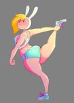  adventure_time animal_hat aqua_buruma aqua_footwear armpit_cutout ass bare_arms bare_legs bare_shoulders blonde_hair blush breasts bunny_hat buruma closed_mouth covered_nipples crop_top cross-laced_footwear dabble dimples_of_venus double_horizontal_stripe double_vertical_stripe exercise fionna_the_human_girl flexible full_body genderswap genderswap_(mtf) grey_background hair_over_one_eye hat huge_ass leg_lift light_frown long_hair medium_breasts narrow_waist no_nose nose_blush plump shiny shiny_skin shoelaces shoes shorts sideboob simple_background sneakers socks solid_oval_eyes solo standing standing_on_one_leg stretch sweat sweating_profusely tank_top thick_thighs thighs toon white_legwear white_tank_top 