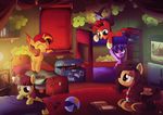  2016 absurd_res bed book clothed clothing cub equestria_girls equine eyes_closed fan_character female friendship_is_magic group hi_res hooves horn inside mammal my_little_pony on_bed open_mouth poster ruhisu smaty_pants_(mlp) starlight_glimmer_(mlp) sunburst_(mlp) sunset_shimmer_(eg) unicorn young 