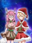  2girls animal_costume animal_ears antlers bell bell_collar blonde_hair blush breasts christmas christmas_present cleavage collar dress glasses hat highres large_breasts leash looking_at_another mahou_shoujo_site multiple_girls open_mouth pink_eyes pink_hair reindeer_antlers reindeer_costume reindeer_ears sack santa_costume santa_hat shiny shiny_clothes shiny_hair shiny_skin shioi_rina short_hair star starry_background twintails user_ctnn8475 yatsumura_tsuyuno yellow_eyes 