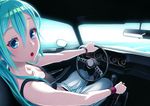 aqua_eyes aqua_hair car car_interior commentary_request driving ground_vehicle hamada_youho hatsune_miku left-hand_drive long_hair looking_at_viewer motor_vehicle open_mouth perspective solo steering_wheel vocaloid 